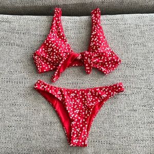 Red and white floral bikini set